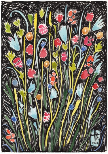 Schilderij getiteld "Floral abundance 1" door Ulia Nagornaa, Origineel Kunstwerk, Aquarel