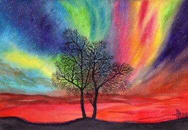 Painting titled "Northern lights in…" by Ulia Nagornaa, Original Artwork, Watercolor