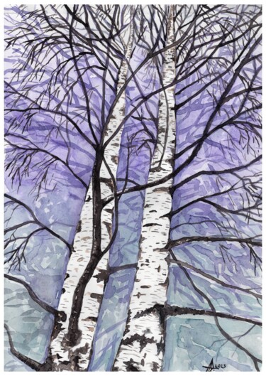Painting titled "Two birches" by Ulia Nagornaa, Original Artwork, Watercolor