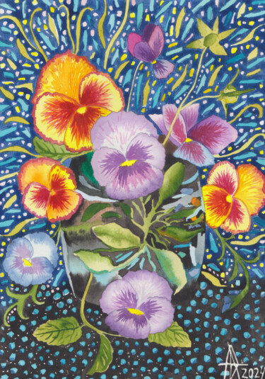 Painting titled "Pansies in a vase" by Ulia Nagornaa, Original Artwork, Watercolor