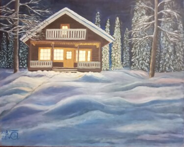 Painting titled "Fairy house. Winter…" by Ulia Vasina, Original Artwork, Oil Mounted on Wood Stretcher frame