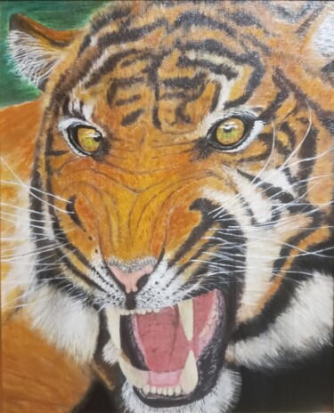 Schilderij getiteld "Predator-tiger" door Ulia Vasina, Origineel Kunstwerk, Acryl Gemonteerd op Karton