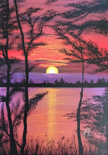 Painting titled "Lilac sunset on the…" by Uliana Saiapina, Original Artwork, Acrylic Mounted on Wood Stretcher frame