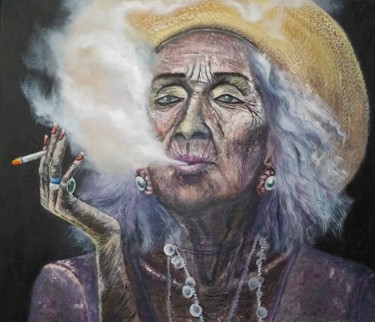 Painting titled "Woman with a cigare…" by Julianna Tulinova, Original Artwork, Oil