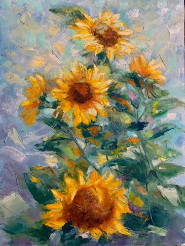 Painting titled "Sunflowers" by Ulisse Mladenova, Original Artwork, Oil Mounted on Wood Panel