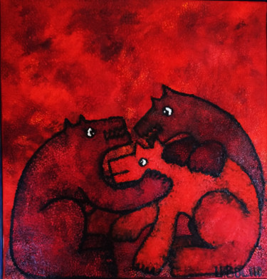 Painting titled "Red Dogs 2" by Ulla Bolin, Original Artwork, Oil Mounted on Wood Stretcher frame