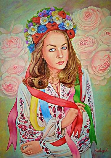 Painting titled "Olha in costume tra…" by Ulyana Holevych, Original Artwork, Oil Mounted on Wood Stretcher frame