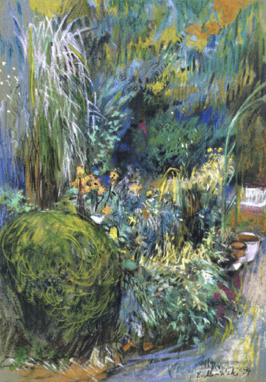 Schilderij getiteld "Ogród widok z podda…" door Edward Umiński, Origineel Kunstwerk, Pastel