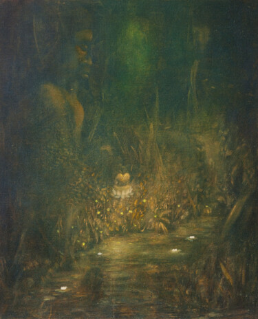 Pittura intitolato "Lotus Pond" da Przemek Kret, Opera d'arte originale, Olio Montato su Altro pannello rigido