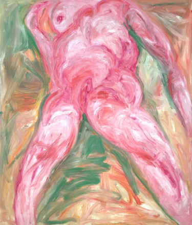 Painting titled "Red nude in green" by Unos Lee, Original Artwork, Oil Mounted on Wood Stretcher frame