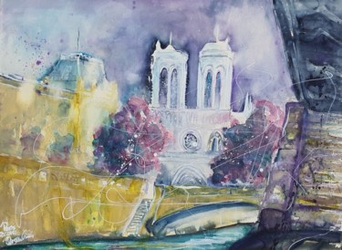 Malerei mit dem Titel "Notre Dame/Seine à…" von Ursula Gnech, Original-Kunstwerk, Aquarell