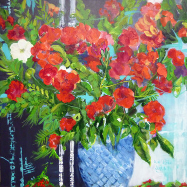 Painting titled "Rote Blüten in eine…" by Ute Roehe, Original Artwork, Acrylic Mounted on Wood Stretcher frame