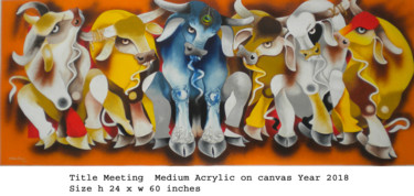 Pittura intitolato "meeting-of-bulls.jpg" da Uttam Manna, Opera d'arte originale, Acrilico