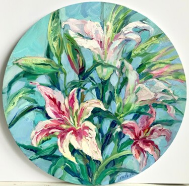 Картина под названием "White lilies-home d…" - Tatiana Timofeeva, Подлинное произведение искусства, Масло Установлен на Дере…