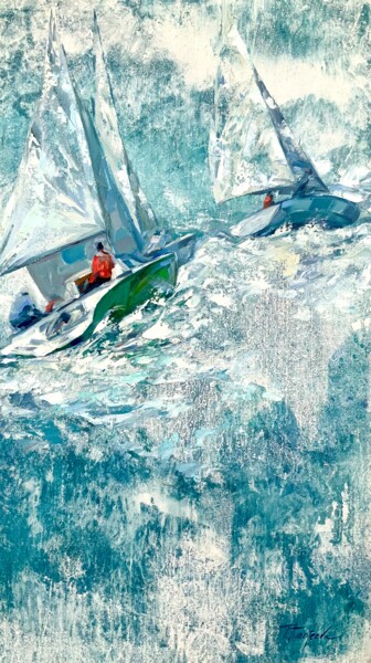 Картина под названием "Regatta I-light sea…" - Tatiana Timofeeva, Подлинное произведение искусства, Масло Установлен на Дере…