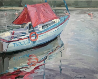 Painting titled "Yacht with red sails" by Tatiana Timofeeva, Original Artwork, Oil Mounted on Wood Stretcher frame