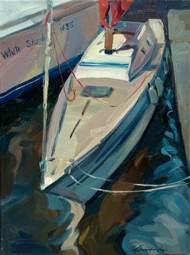 Schilderij getiteld "Midday  sailboat,mo…" door Tatiana Timofeeva, Origineel Kunstwerk, Olie Gemonteerd op Frame voor houten…