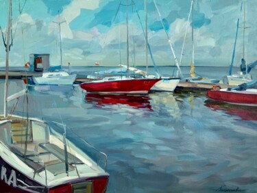 Peinture intitulée "Red yachts" par Tatiana Timofeeva, Œuvre d'art originale, Huile Monté sur Châssis en bois