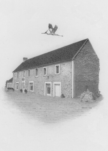 Drawing titled "LA MAISON & LE HERON" by Vadava, Original Artwork, Pencil