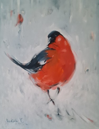 Painting titled ",,BULLFINCH,," by Vadim Kovalev, Original Artwork, Oil Mounted on Wood Stretcher frame