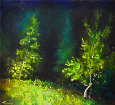 Pittura intitolato "Ночной лес в свете…" da Vadim Stolyarov, Opera d'arte originale, Olio
