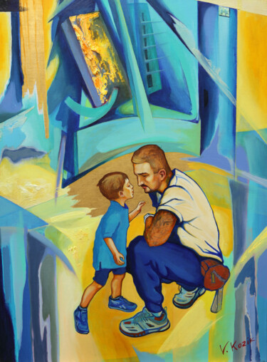 Schilderij getiteld "Father and Son" door Vadym Kozik, Origineel Kunstwerk, Olie