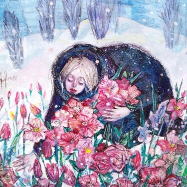 Peinture intitulée "Flowers on the snow" par Vaenaton, Œuvre d'art originale, Gouache