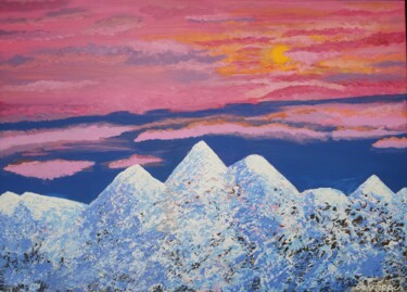 Painting titled "Mountains in red su…" by Vafa Majidli, Original Artwork, Acrylic Mounted on Wood Stretcher frame