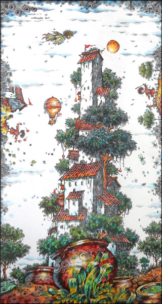 Desenho intitulada "Башня/Tower" por Vazha Kurkhuli, Obras de arte originais, Lápis