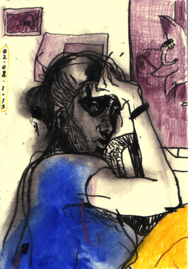 Drawing titled "Autoportrait" by Vakarelova Emma, Original Artwork, Watercolor