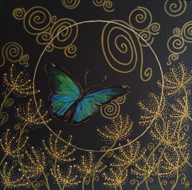 Painting titled "BLUE BUTTERFLIES -…" by Alona Vakhmistrova, Original Artwork, Oil Mounted on Wood Stretcher frame