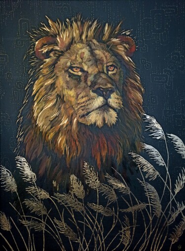 Pintura titulada "LION IN SAVANNAH -…" por Alona Vakhmistrova, Obra de arte original, Oleo Montado en Bastidor de camilla de…
