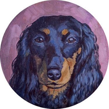 Painting titled "LONG-HAIRED DACHSHU…" by Alona Vakhmistrova, Original Artwork, Acrylic