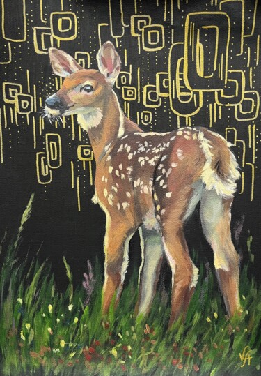 Painting titled "DEER IN THE FOREST…" by Alona Vakhmistrova, Original Artwork, Acrylic