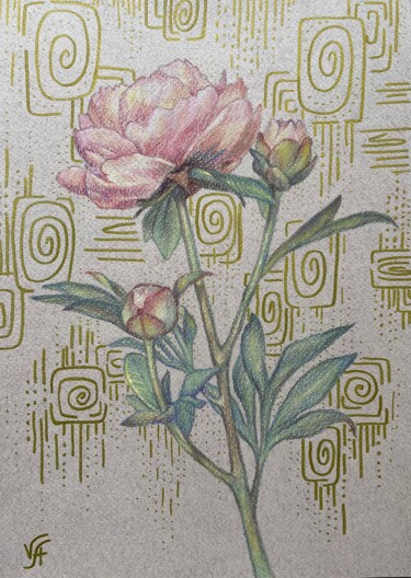 Dessin intitulée "PEONY BRANCH - flor…" par Alona Vakhmistrova, Œuvre d'art originale, Pastel