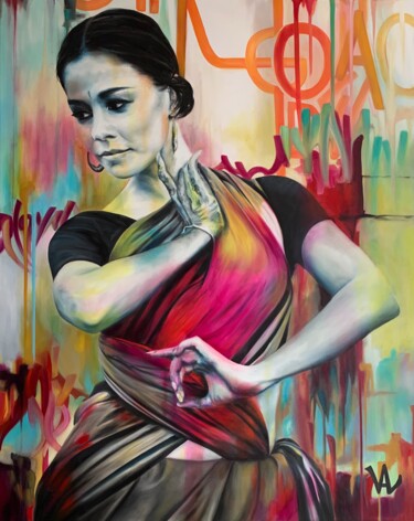 Pintura intitulada "Face of India" por Val Escoubet, Obras de arte originais, Óleo