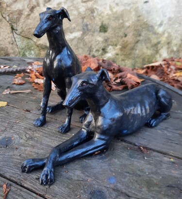 Sculpture titled "LES DEUX GALGOS - C…" by Valerie Perron, Original Artwork, Clay