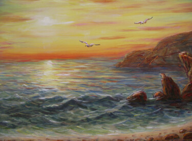 Schilderij getiteld "Вечер на море." door Valentin Negresko, Origineel Kunstwerk, Olie