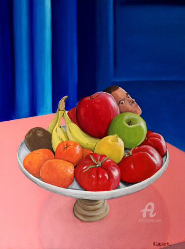 Painting titled "La coupe de fruits…" by Valentin Sannier, Original Artwork, Acrylic Mounted on Wood Panel