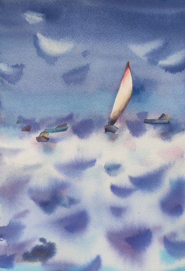 Painting titled "The Sea" by Valentina Pushkareva, Original Artwork, Watercolor
