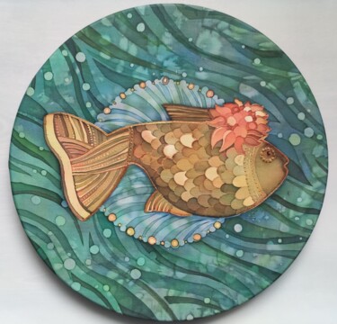 Arte textil titulada "Golden fish" por Valentina Pushkareva, Obra de arte original, Acrílico Montado en Otro panel rígido