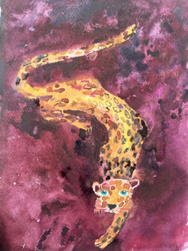 Schilderij getiteld "Leopard" door Valentina Pushkareva, Origineel Kunstwerk, Aquarel
