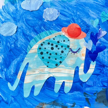 Schilderij getiteld "The blue elephant" door Valentina Pushkareva, Origineel Kunstwerk, Collages