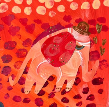 Malerei mit dem Titel "Orange elephant" von Valentina Pushkareva, Original-Kunstwerk, Collagen