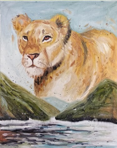 Painting titled "Lioness" by Valentina Reymer, Original Artwork, Oil Mounted on Wood Stretcher frame
