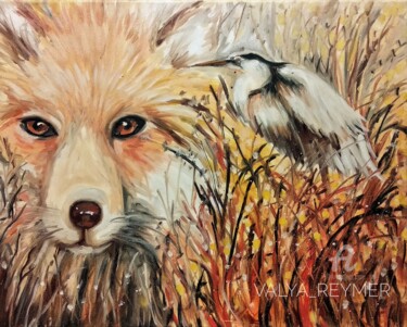 Painting titled "Fox and heron Paint…" by Valentina Reymer, Original Artwork, Oil