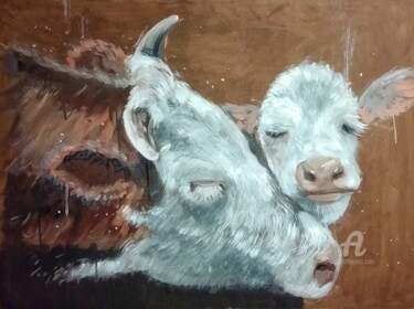 Pintura intitulada "Cow with calf, time…" por Valentina Reymer, Obras de arte originais, Óleo