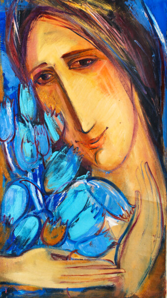 Картина под названием "Девушка с голубыми…" - Valentina Samoilik-Artyushenko, Подлинное произведение искусства, Масло Устано…