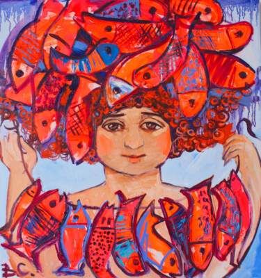 Peinture intitulée "Девочка с красными…" par Valentina Samoilik-Artyushenko, Œuvre d'art originale, Huile