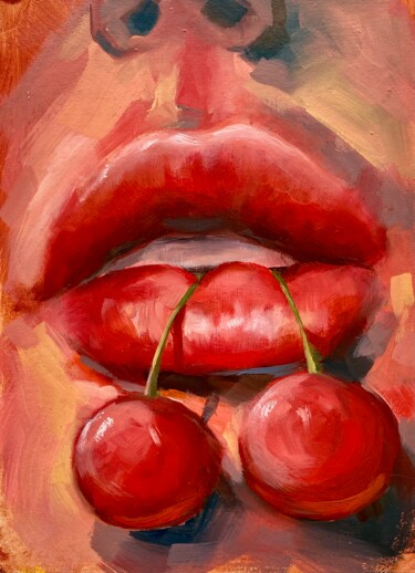 「Cherry lips」というタイトルの絵画 Valentina Shatokhinaによって, オリジナルのアートワーク, オイル 段ボールにマウント